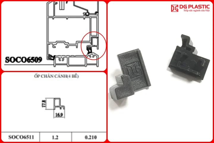 Đầu bịt ngưỡng cửa đi là phụ kiện bằng nhựa được lắp tại thanh nhôm 65 ốp chân cánh (4 bề)